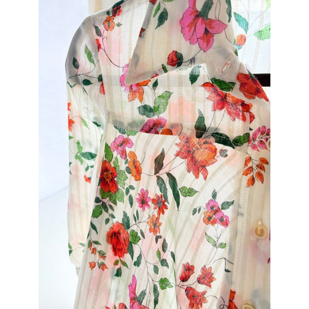 Vintage 70s Floral Striped Sheer Prairie Boho Mini Shirt Dress White Orange Pink - Picture 5 of 6